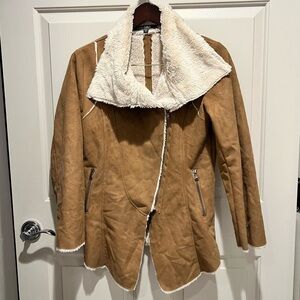 Love Stitch Womens Size S Asymmetrical Faux Sherpa fur brown suede jacket